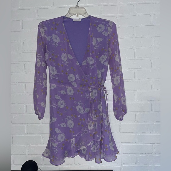 Lush Dresses & Skirts - Womens Lush Wrap Dress Purple with Floral Design Medium V Neckline Fit and Flare